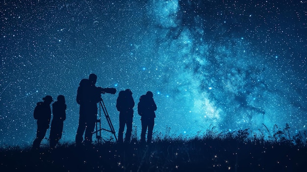 A group of people using telescopes to observe the night sky in a US National Park. The scene is partially illuminated by a soft, ambient light to show details of the equipment and the people. The Milky Way is visible in the background above them, acting as a stunning backdrop.