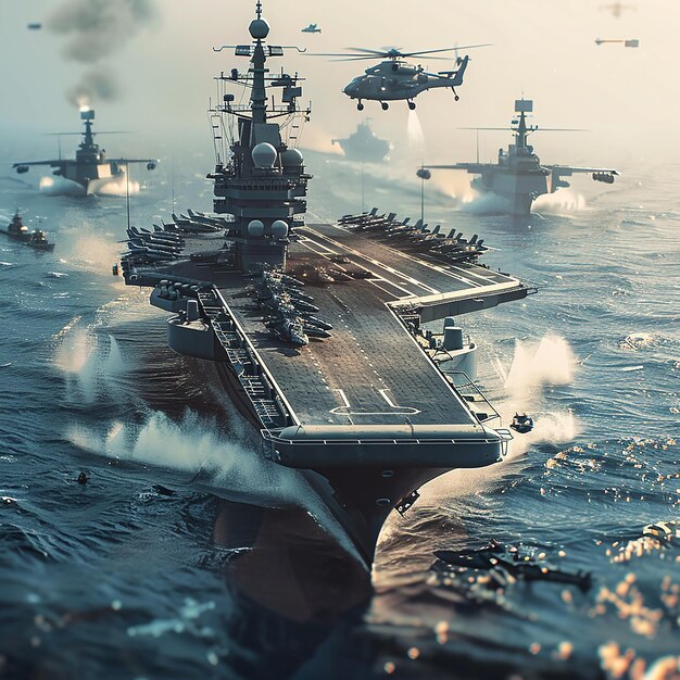 A digitally enhanced image showcasing a US Navy destroyer equipped with advanced radar and missile systems navigating through a calm ocean. In the background, a fleet of various naval vessels underscores the modernized naval power. The scene represents maritime security and technological superiority.