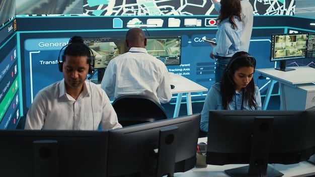 A team of cybersecurity professionals working in a security operations center (SOC), monitoring network traffic and responding to alerts. The image showcases various screens displaying real-time security data and threat intelligence feeds.