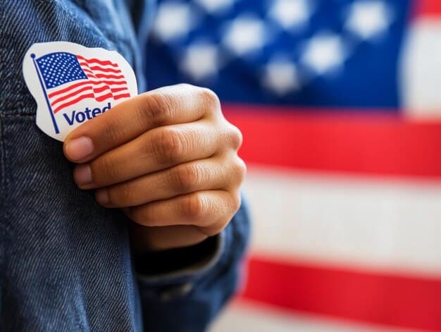 A diverse group of people standing in line to vote, with some holding 