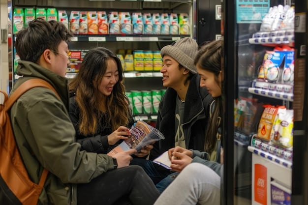 Consumers shopping in a grocery store, looking at price tags on various imported goods. Some shoppers appear concerned, while others are choosing domestic alternatives. The scene conveys the direct impact of tariffs on consumer behavior and purchasing decisions.