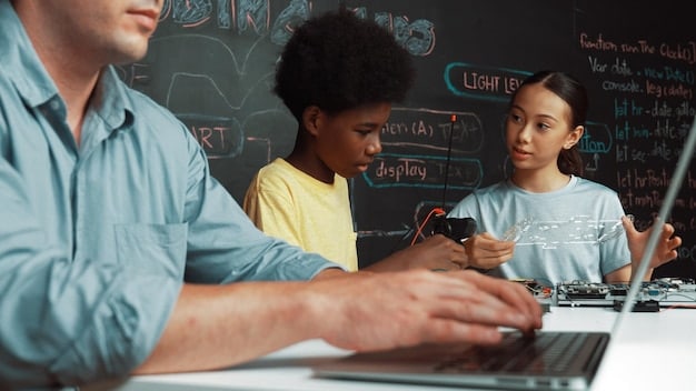 A close-up of a teacher guiding students through a coding exercise, highlighting the importance of teacher training in STEM education.