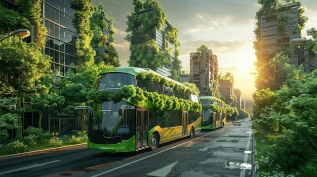 A modern electric bus driving through a city street, showcasing sustainable and efficient public transportation. The scene emphasizes environmental friendliness and urban connectivity.