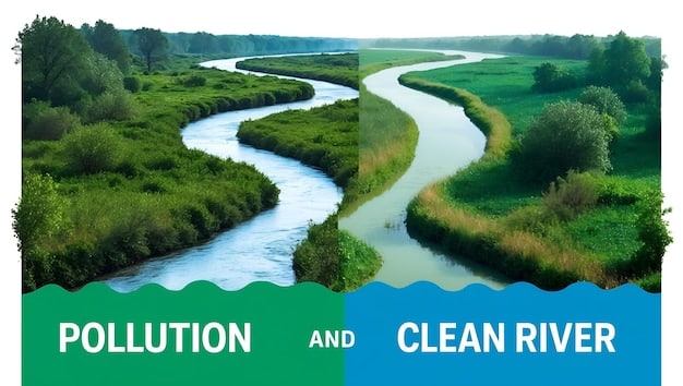 A before-and-after picture showing a river before and after the implementation of stricter environmental regulations. The 