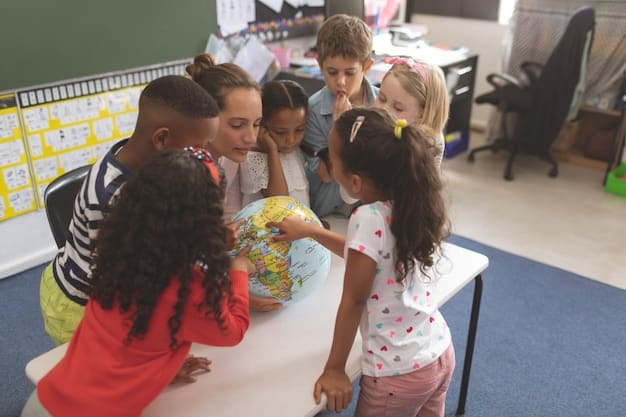 A group of diverse young children playing and learning together in a brightly colored preschool classroom with a teacher supervising.