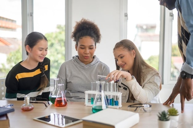 High school students working on a science experiment in a lab, collaborating and using various scientific instruments.