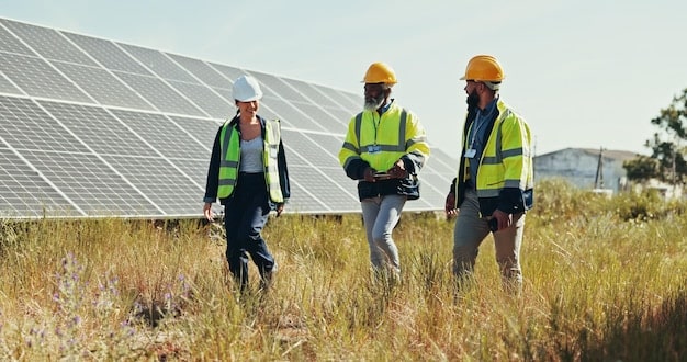 A group of engineers working on a renewable energy project, such as solar panel installation, in a sunny outdoor setting.