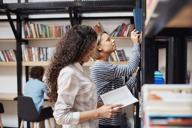 A student receiving a letter of recommendation from a teacher, with a supportive and encouraging atmosphere. Bookshelves and university banners are visible in the background.