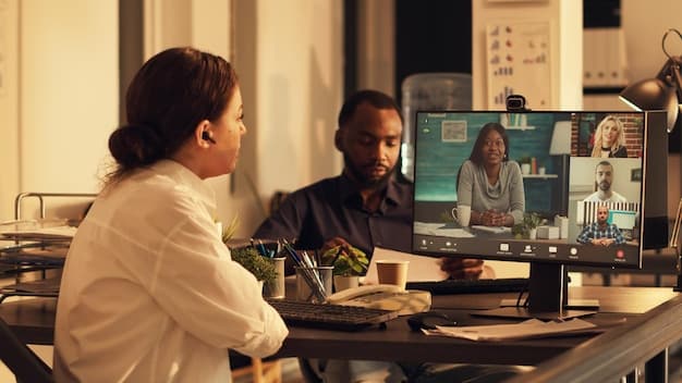 A diverse group of professionals participating in a virtual coding bootcamp session. The scene is brightly lit, with each person focused on their laptop screen in a collaborative online environment.