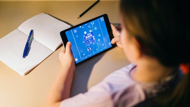 A close-up shot of a student using a tablet with an AI-powered learning app that dynamically adjusts the content based on their responses. The interface shows data visualizations of the student's progress and personalized recommendations.