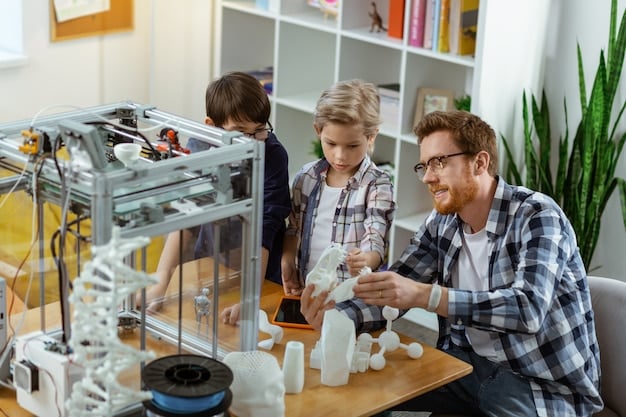 Students collaborating on a group project in a makerspace, using 3D printers and other digital fabrication tools. The environment is brightly lit and filled with collaborative energy.