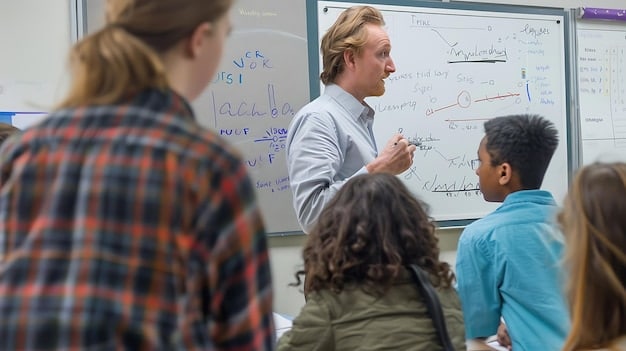 A teacher is explaining a math concept on a whiteboard to a small group of students. The whiteboard has equations and diagrams written on it.
