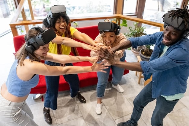 Diverse students wearing VR headsets, participating in an immersive virtual reality learning experience, such as a historical reenactment or a science experiment. The students are interacting with the virtual environment and collaborating with each other.
