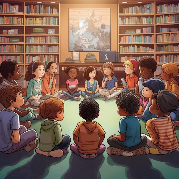 A classroom scene with children participating in a reading circle, surrounded by colorful books and educational posters. The teacher is actively engaging with the children, fostering a love for reading.