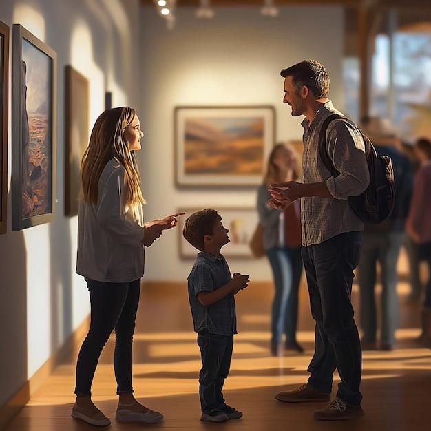 Parents and children walking the halls of a private school during an open house, talking with teachers and looking at student artwork on display.