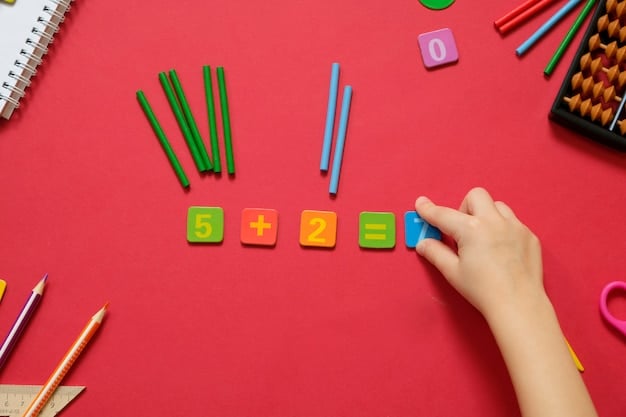 A student using a number line and colorful blocks to solve a math problem. The student is engaged and the visual aids are helping them understand the concept.