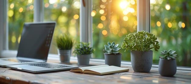 A clean and organized desk with a laptop, notebook, pen, and a small plant. The background is blurred, suggesting a quiet and peaceful study environment. The lighting is soft and natural.