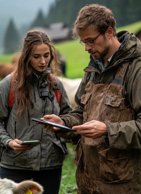 A park ranger is explaining the benefits of the America the Beautiful Pass to a visitor at a national park entrance. The ranger is pointing to a map showcasing various national parks.