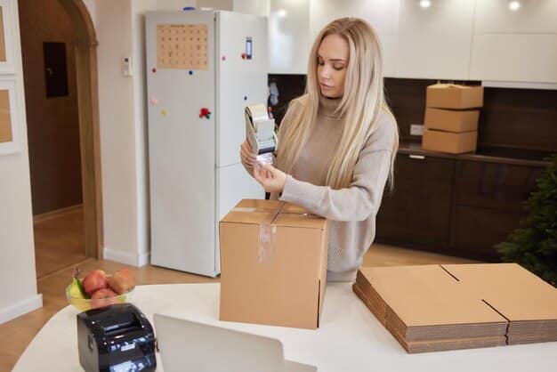 A person is weighing a package using a digital scale in a home office setting. There are various shipping supplies nearby, such as boxes, tape, and bubble wrap.