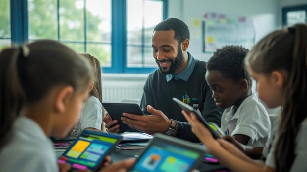 A teacher using a tablet to conduct a lesson in a classroom, with students actively engaged in the learning process. The image should show a modern, technology-driven learning environment.