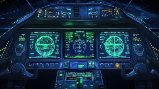 A cockpit of a modern airplane with various digital displays and instruments, focusing on the advanced navigation technology being used by the pilots.