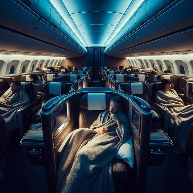 A modern airplane interior with comfortable seating, advanced in-flight entertainment systems, and passengers enjoying their flight.