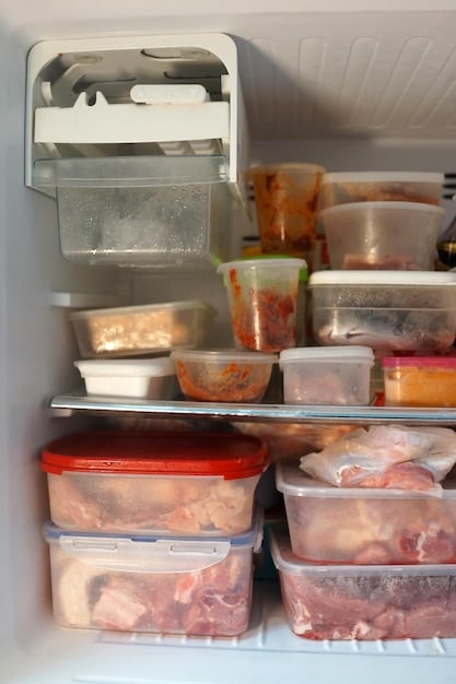 A refrigerator organized with raw meats stored on the bottom shelf to prevent drips on other foods, emphasizing proper food storage techniques.