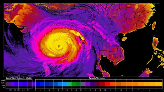 A radar image showing a hurricane approaching the coastline, with color-coded gradients indicating the intensity of the storm. Text overlays detail the projected path and potential impact zones.