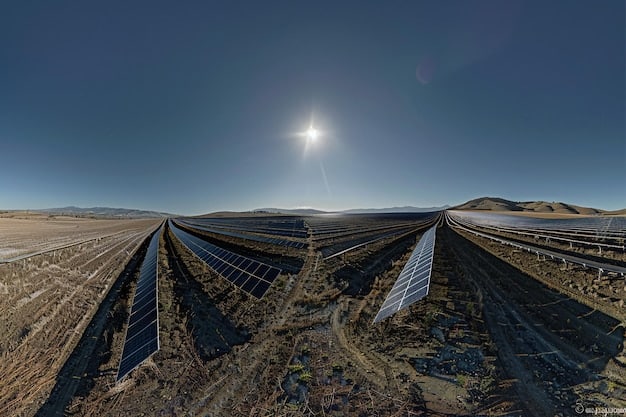 A wide shot of a solar farm with numerous solar panels oriented towards the sun, contrasted by a dramatic eclipse shadow partially covering the panels, symbolizing the impact on power generation.
