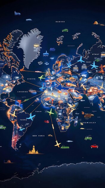 A digital map of the world highlighting regions with different levels of travel advisories, indicating potential risks such as terrorism, civil unrest, and health concerns. Key elements of the map are visually coded to signify the severity of the advisory.