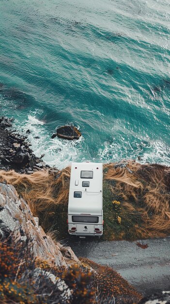 A photograph of an RV driving along the Pacific Coast Highway, with the ocean on one side and cliffs on the other, showcasing the scenic beauty of the route.