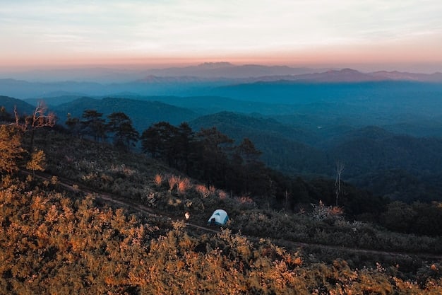 A panoramic shot of the Blue Ridge Mountains from an overlook on the Blue Ridge Parkway, with an RV parked nearby, capturing the stunning natural beauty of the area.