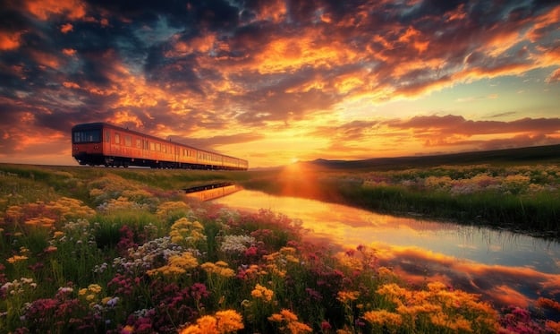 A train traveling through a scenic mountain landscape, with the sun setting in the background. The image should showcase the beauty and efficiency of train travel.