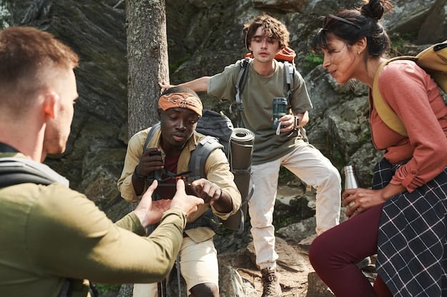 A group of people participating in a ranger-led program in a national park. The ranger is pointing out features of the landscape, and the group is attentively listening and taking notes. The scene is set outdoors with trees and natural scenery in the background.