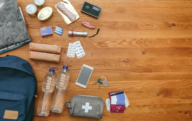 An organized packing setup, with various essential items laid out, including a first-aid kit, maps, snacks, water bottles, a portable charger, and comfortable travel accessories like a neck pillow and blanket.