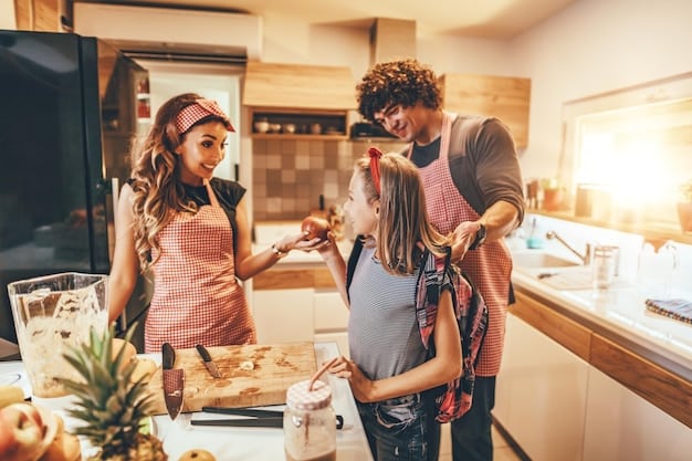 A family is laughing together while cooking a meal in the kitchen of a vacation rental. The kitchen is well-equipped and bright, with modern appliances. The parents are helping the children prepare a simple meal, fostering a sense of togetherness.