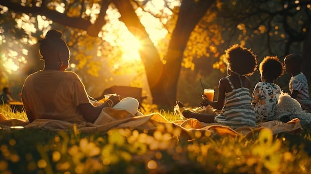 A family enjoys a sunset picnic in a park. They are sitting on a blanket, surrounded by food and drinks. The atmosphere is relaxed and happy, with the setting sun casting a golden glow.
