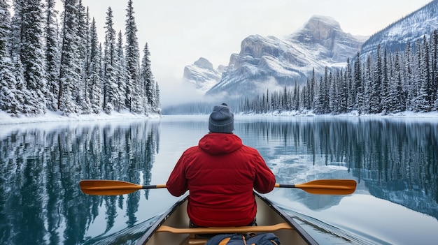 A solo traveler kayaking on a calm lake in Banff National Park, Canada. The surrounding mountains are reflected in the crystal-clear water, creating a serene and picturesque scene.