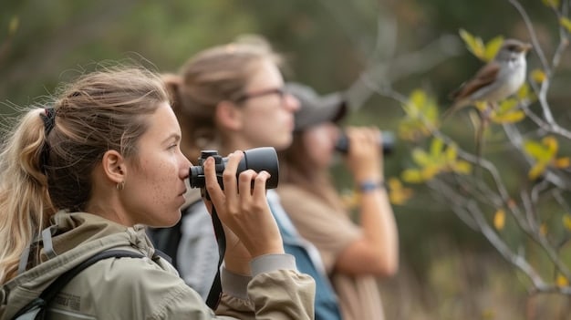 A close-up shot of a group of birdwatchers using binoculars in a forest, with a focus on their respectful and quiet demeanor.