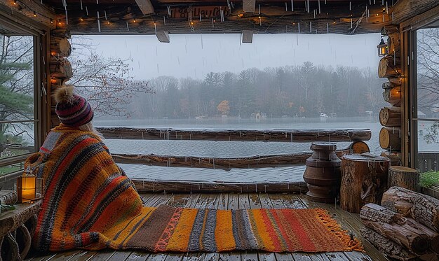A cozy yurt interior, featuring a basic bed, a small table, and a wood-burning stove. The yurt is set in a snowy forest.