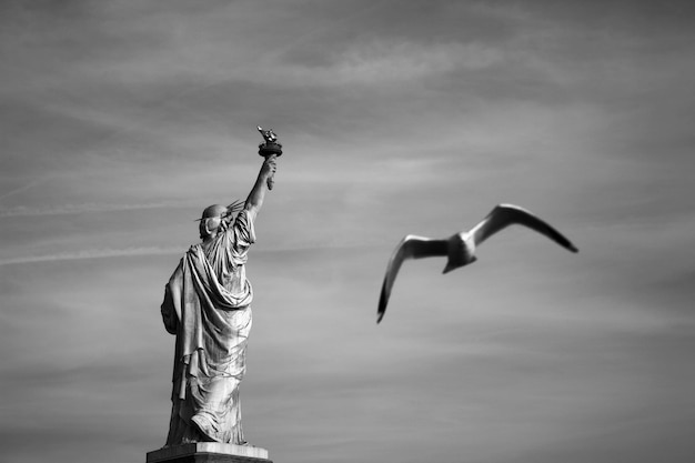 A black and white photograph of the Statue of Liberty, taken from a low angle, showing the statue against a cloudy sky. The statue's crown and torch are prominently displayed.
