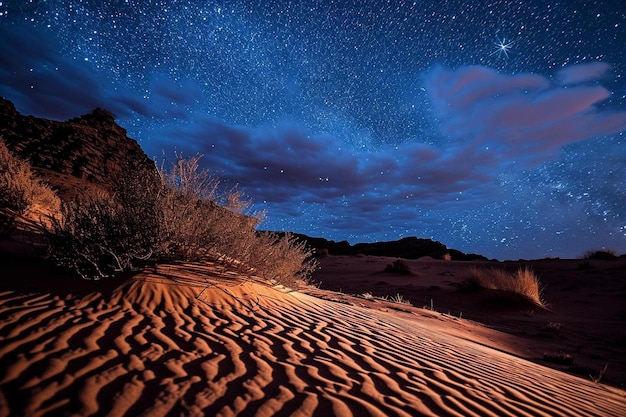 A night scene inside Death Valley National Park, showcasing the Milky Way stretching across the sky above the barren landscape, with faint silhouettes of desert vegetation.