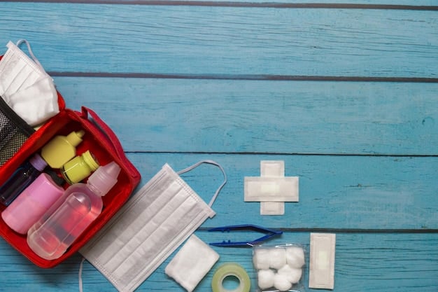 A well-stocked first aid kit with various medical supplies, including bandages, antiseptic wipes, pain relievers, and scissors.
