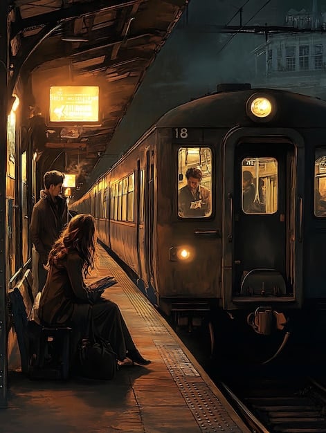 A vintage-style train station with a classic locomotive pulling in. Passengers in period clothing are disembarking, giving a sense of the golden age of train travel in America.