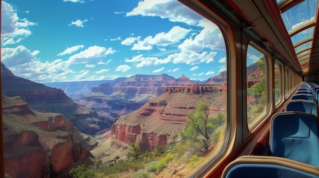The observation car of the California Zephyr, filled with passengers gazing out at the stunning view of the Rocky Mountains. The car's large windows offer a panoramic view of the landscape.