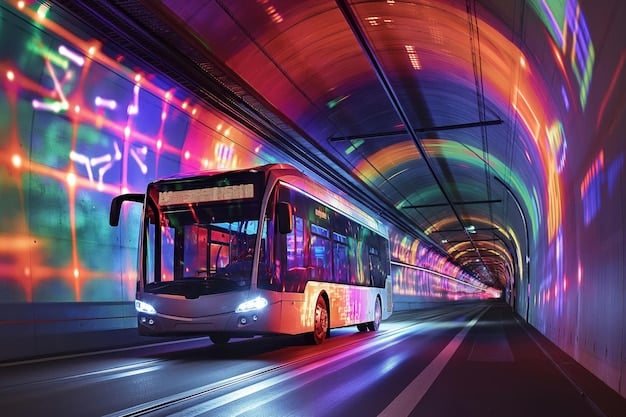 A modern electric bus pulling up to a bus stop in a bustling city. The bus is sleek and colorful, with clear signage. People of diverse backgrounds are waiting at the stop, and there are shops and buildings in the background, symbolizing urban connectivity.
