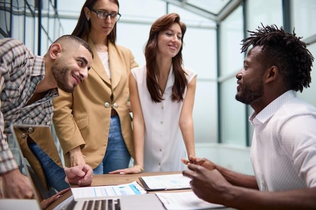 A close-up shot of a diverse group of professionals collaborating in a modern office, with charts and graphs displayed on large screens in the background, reflecting the role of business investment and technological advancements in driving economic growth.