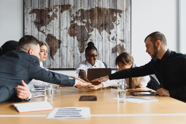 A conference room setting with people from different nationalities signing a trade agreement document, emphasizing the international aspect and collaboration involved.