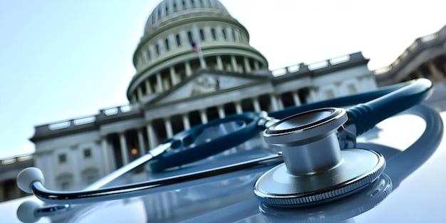 An image depicting the United States Capitol Building with a medical symbol superimposed on it, symbolizing healthcare policy and legislative decisions.