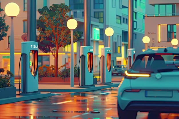 A visual depiction of electric vehicle charging stations across a major US city, highlighting the growing infrastructure for EV adoption. The image should show a mix of public and private charging stations, as well as various EV models.